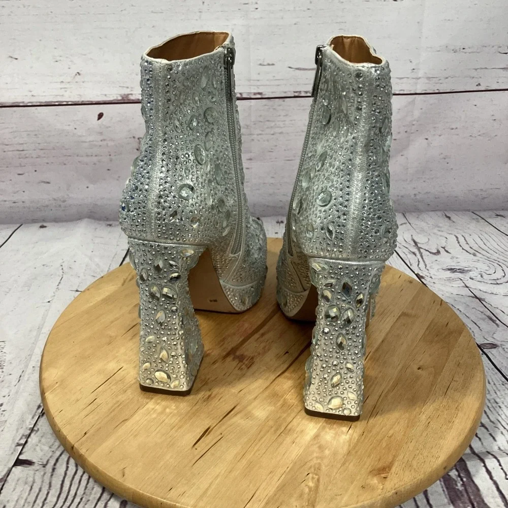 Jessica‎ Simpson Rhinestone Platform Ankle Boots Silver Crystal Womens 9 NWOB